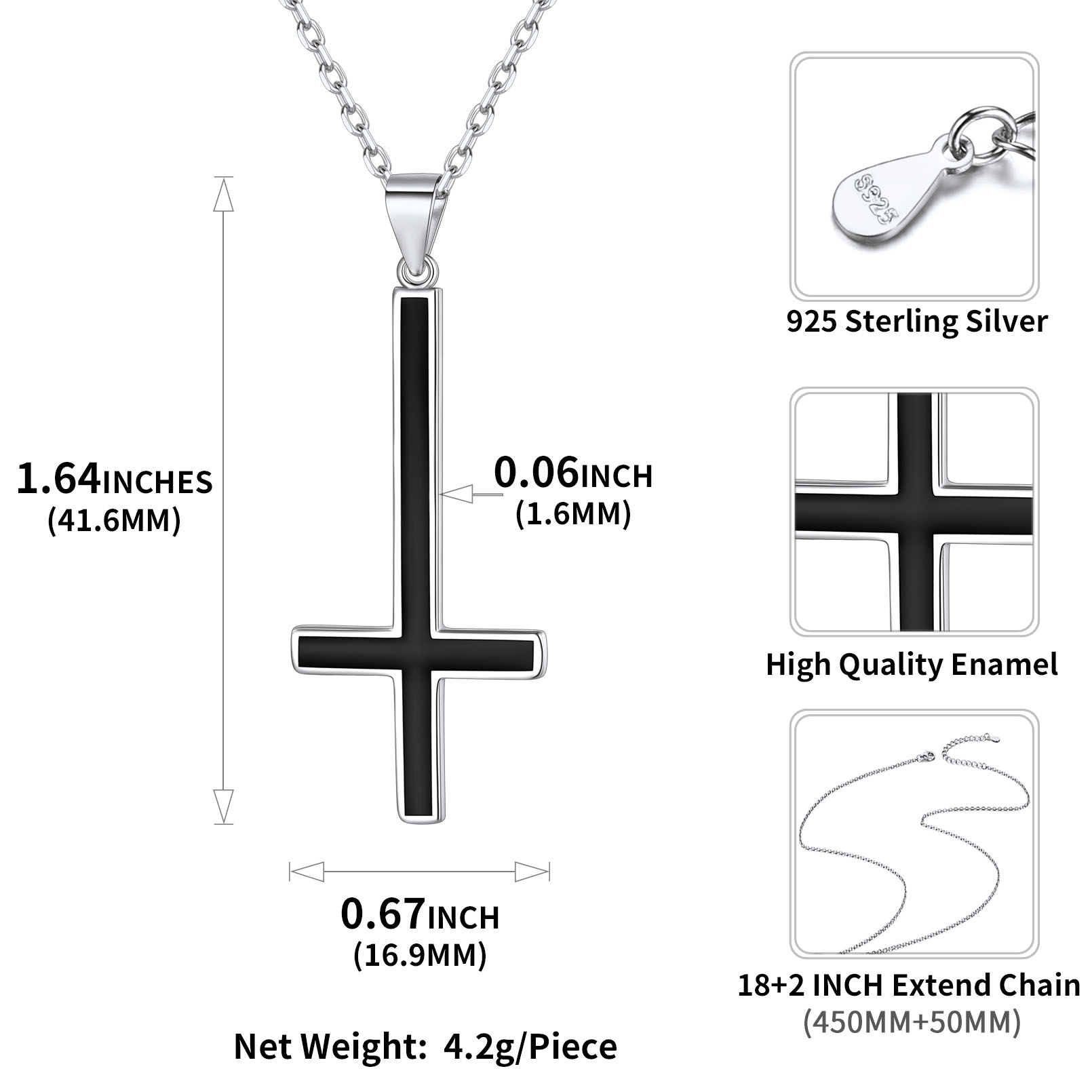ChicSilver Sterling Silver Black Inverted Cross Pendant with Adjustable Thin Rolo Chain Necklace Details: Dimensions, Hypoallergenic, Lobster-Claw-Clasps