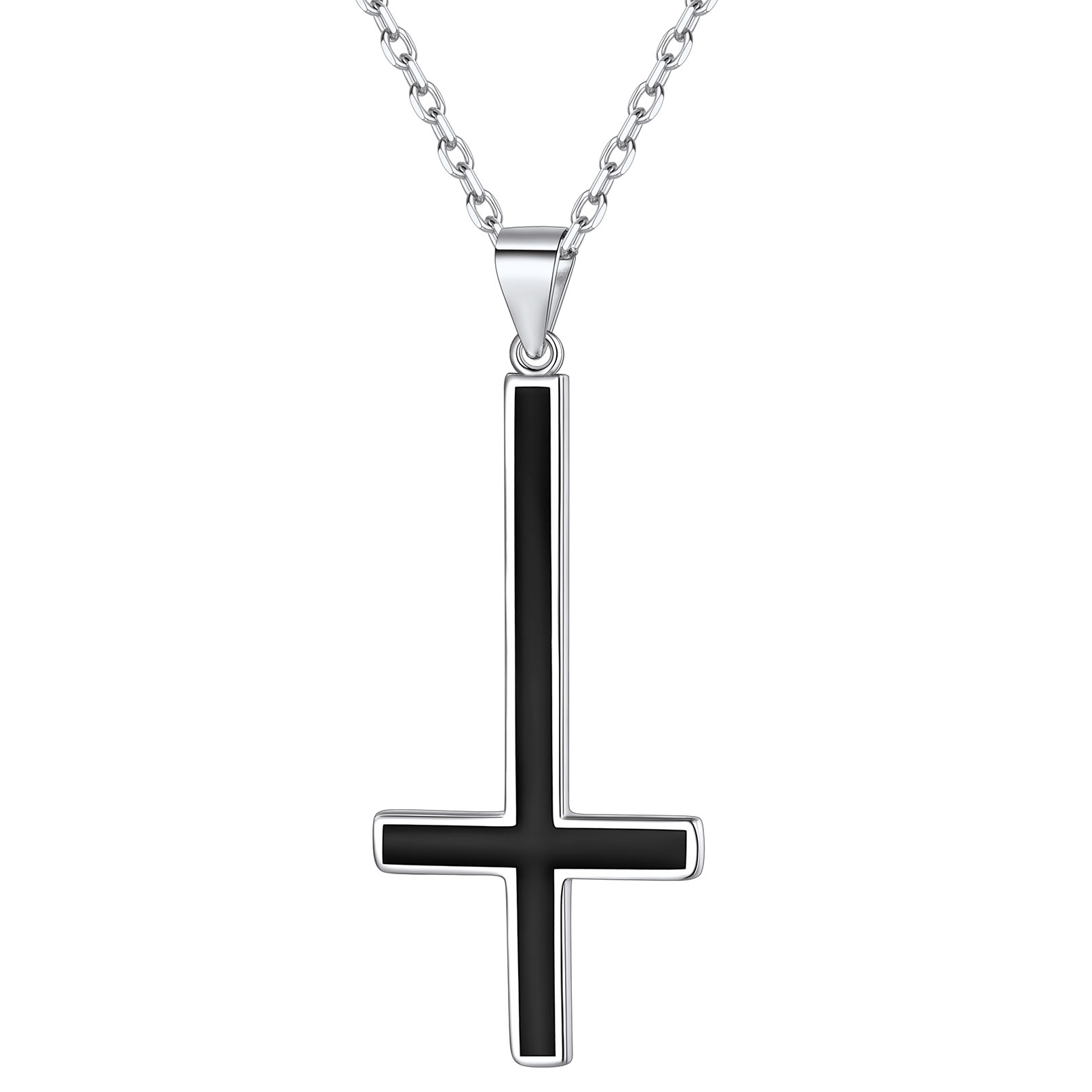 Black Inverted Cross Pendant with Adjustable Thin Rolo Chain Necklace