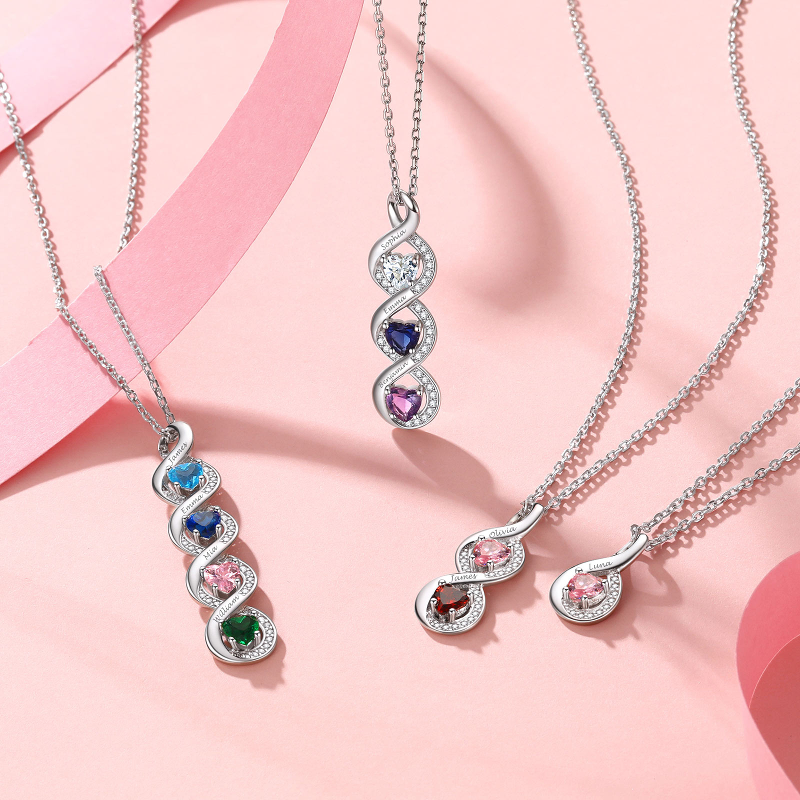 Custom Silver Name Infinity Birthstone Necklace in Different Month Colors and different Number Birthstone 