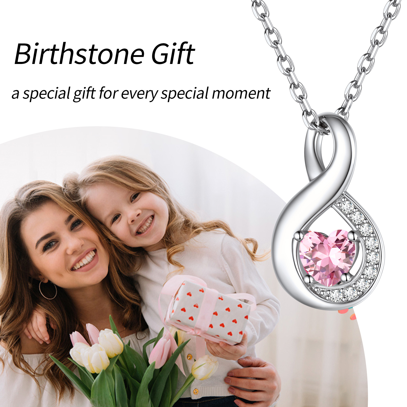 Custom Silver Name Infinity Birthstone Necklace， ChicSilver Jewelry gift Package, memorial gift