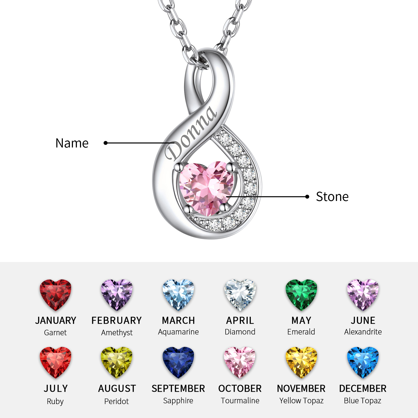 Custom Silver Name Infinity Birthstone Necklace Customization process