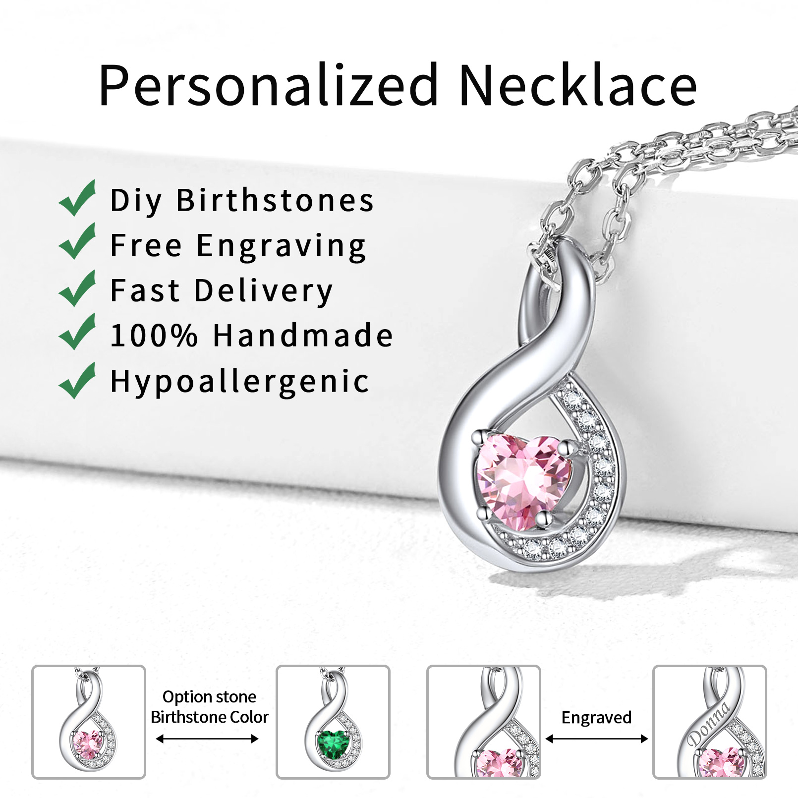 Personalized Sterling Silver Custom Silver Name Infinity Birthstone Necklace