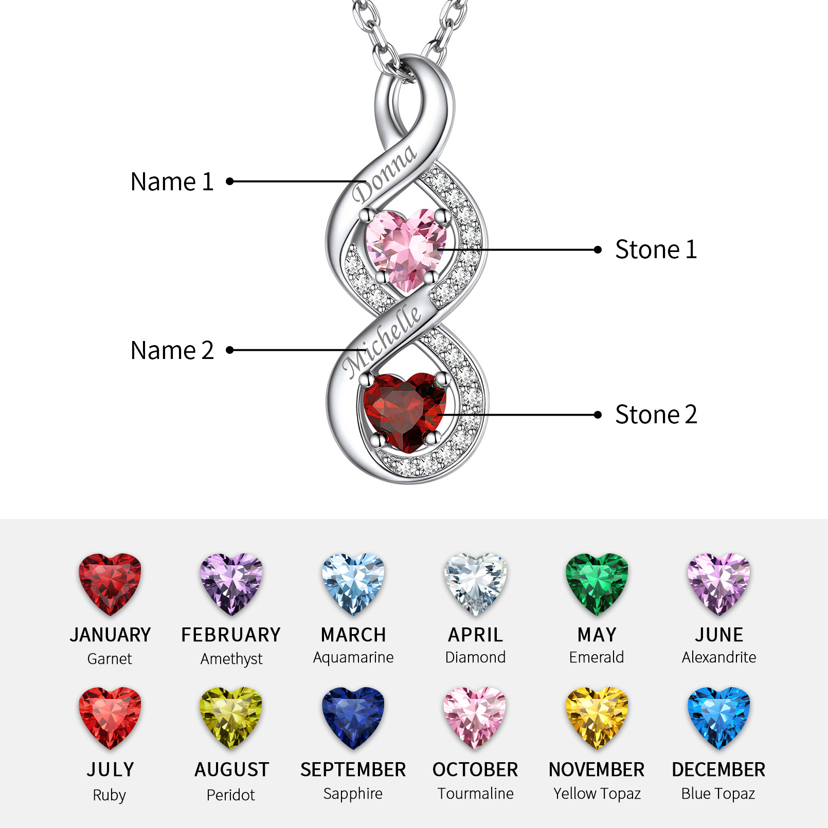 Custom Silver Name Infinity Birthstone Necklace Customization process