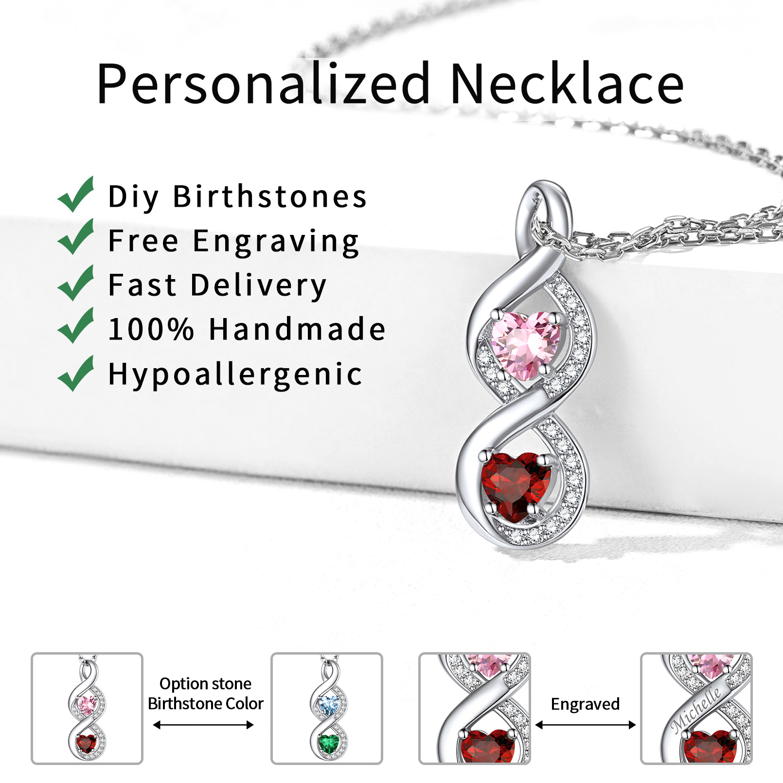 Personalized Custom Silver Name Infinity Birthstone Necklace