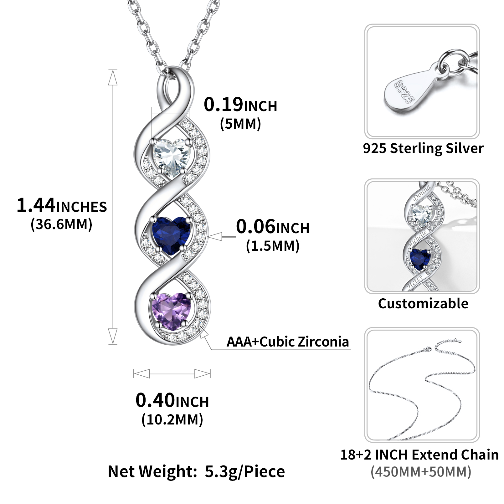 Custom Silver Name Infinity Birthstone Necklace Details: Dimensions, Hypoallergenic, Lobster-Claw-Clasps