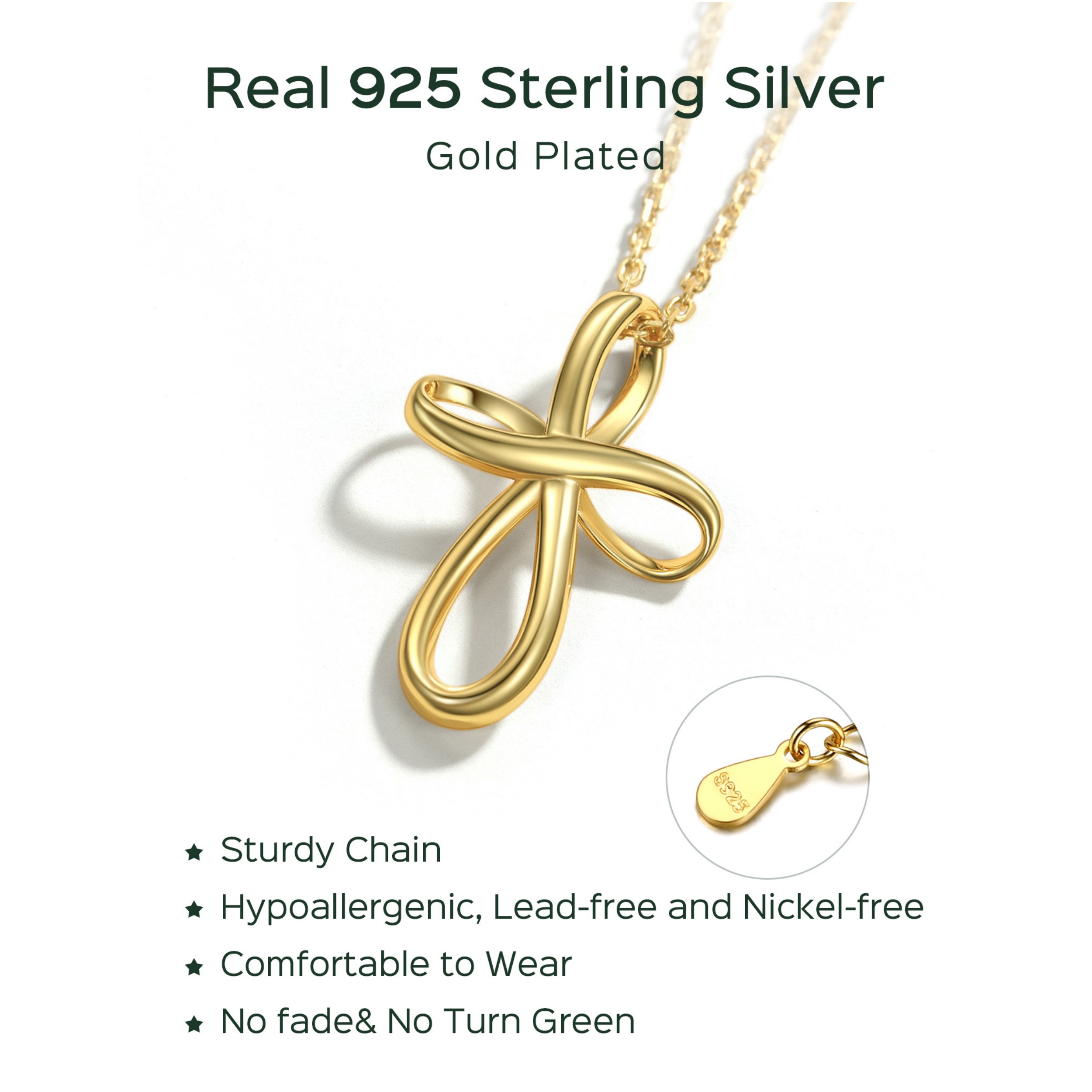 ChicSilver Sterling Silver Gold Infinity Knot Cross Pendant with Adjustable Chain