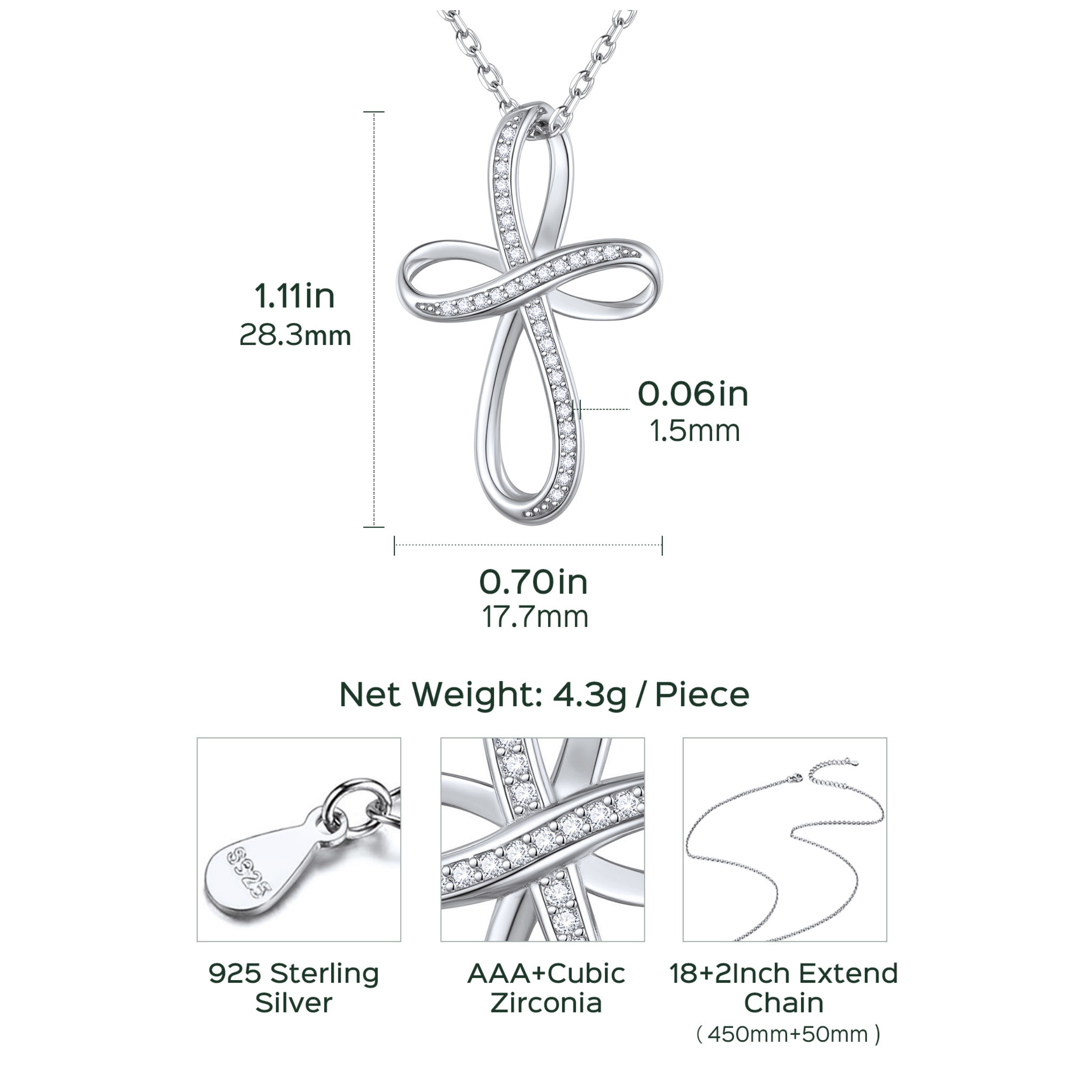 ChicSilver Sterling Silver Cubic Zirconia Infinity Cross Adjustable Chain Necklace Details: Dimensions, Hypoallergenic, Lobster-Claw-Clasps
