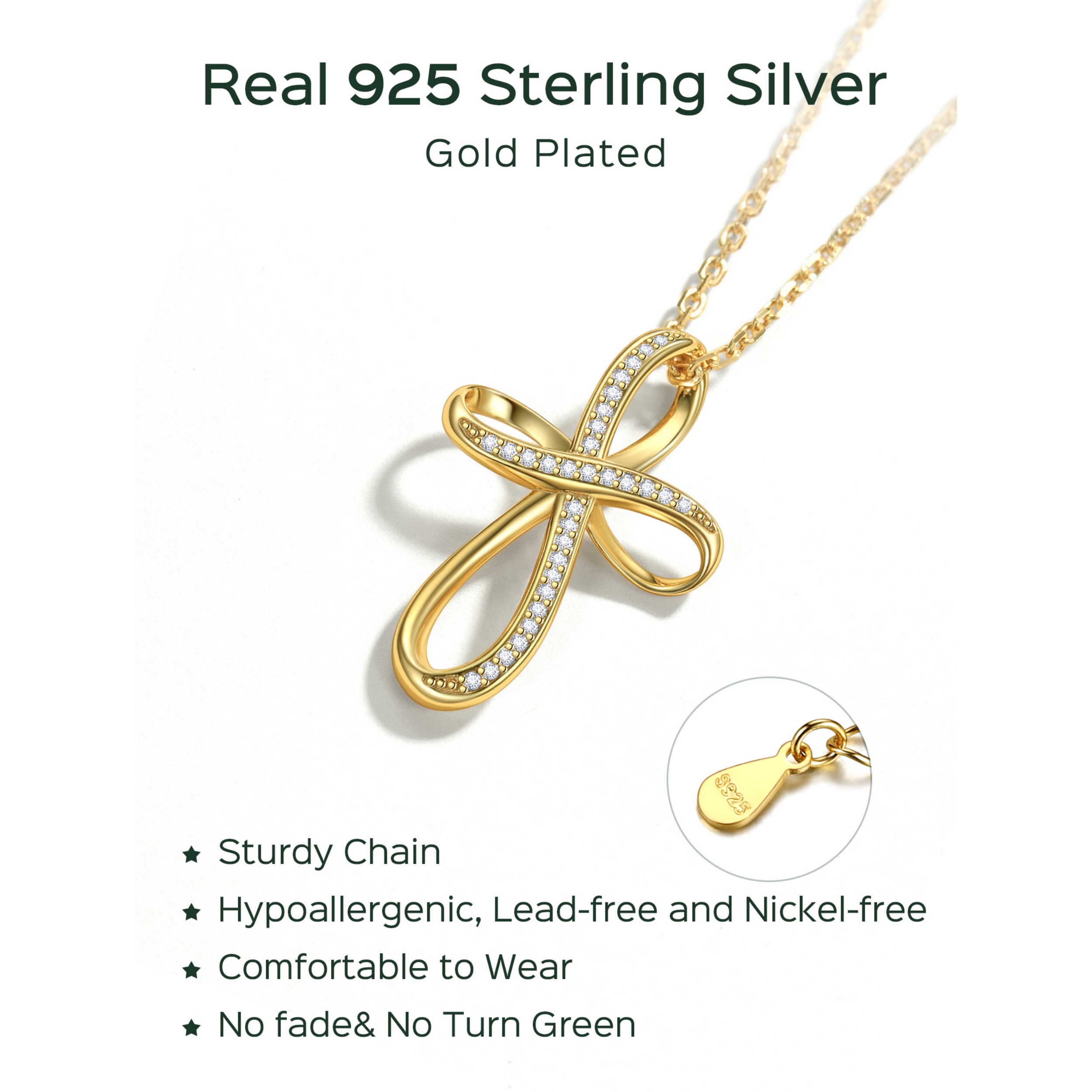 ChicSilver Sterling Silver  Gold Cubic Zirconia Infinity Cross Adjustable Chain Necklace