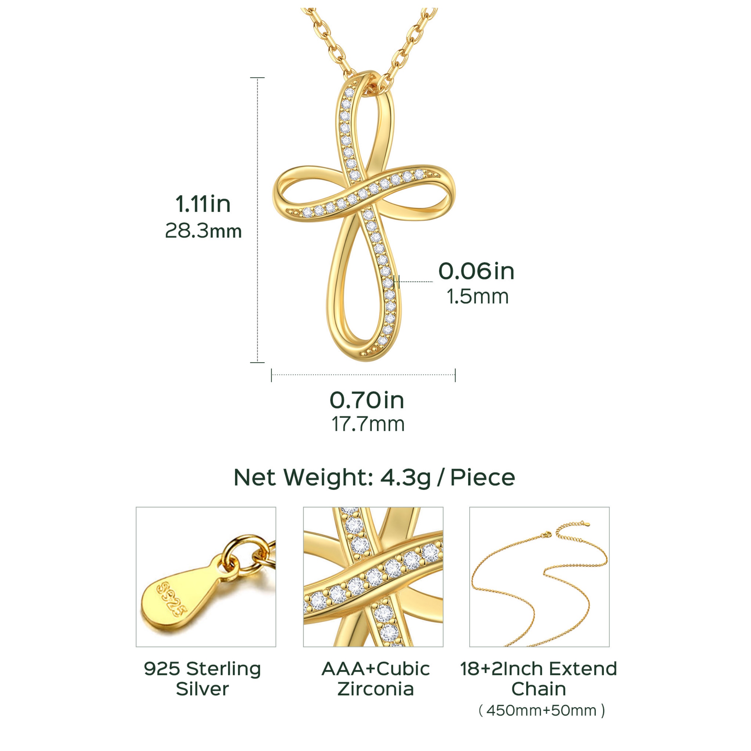ChicSilver Sterling Gold Cubic Zirconia Infinity Cross Adjustable Chain Necklace Details: Dimensions, Hypoallergenic, Lobster-Claw-Clasps