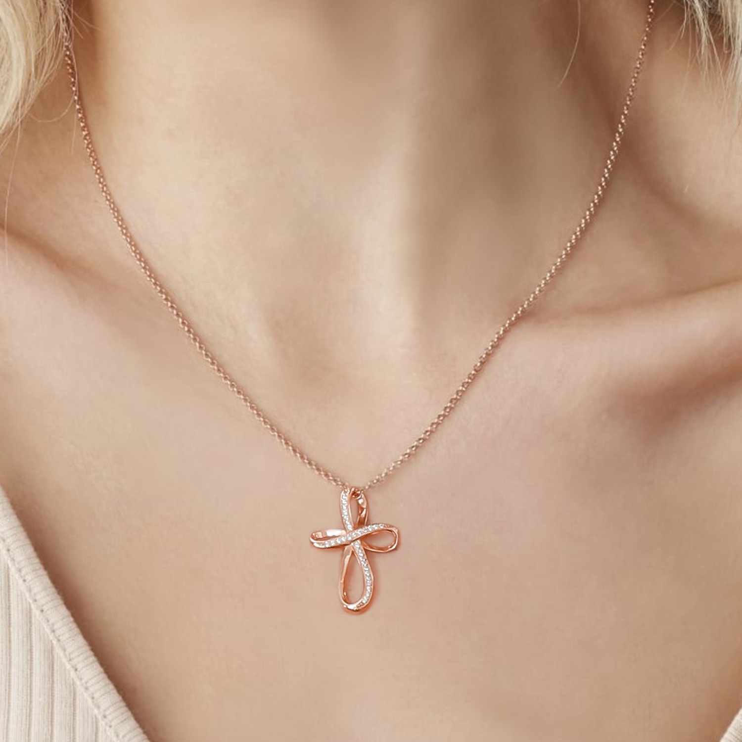 Rose Gold Cubic Zirconia Infinity Cross Adjustable Chain Necklace for Women, Ladies