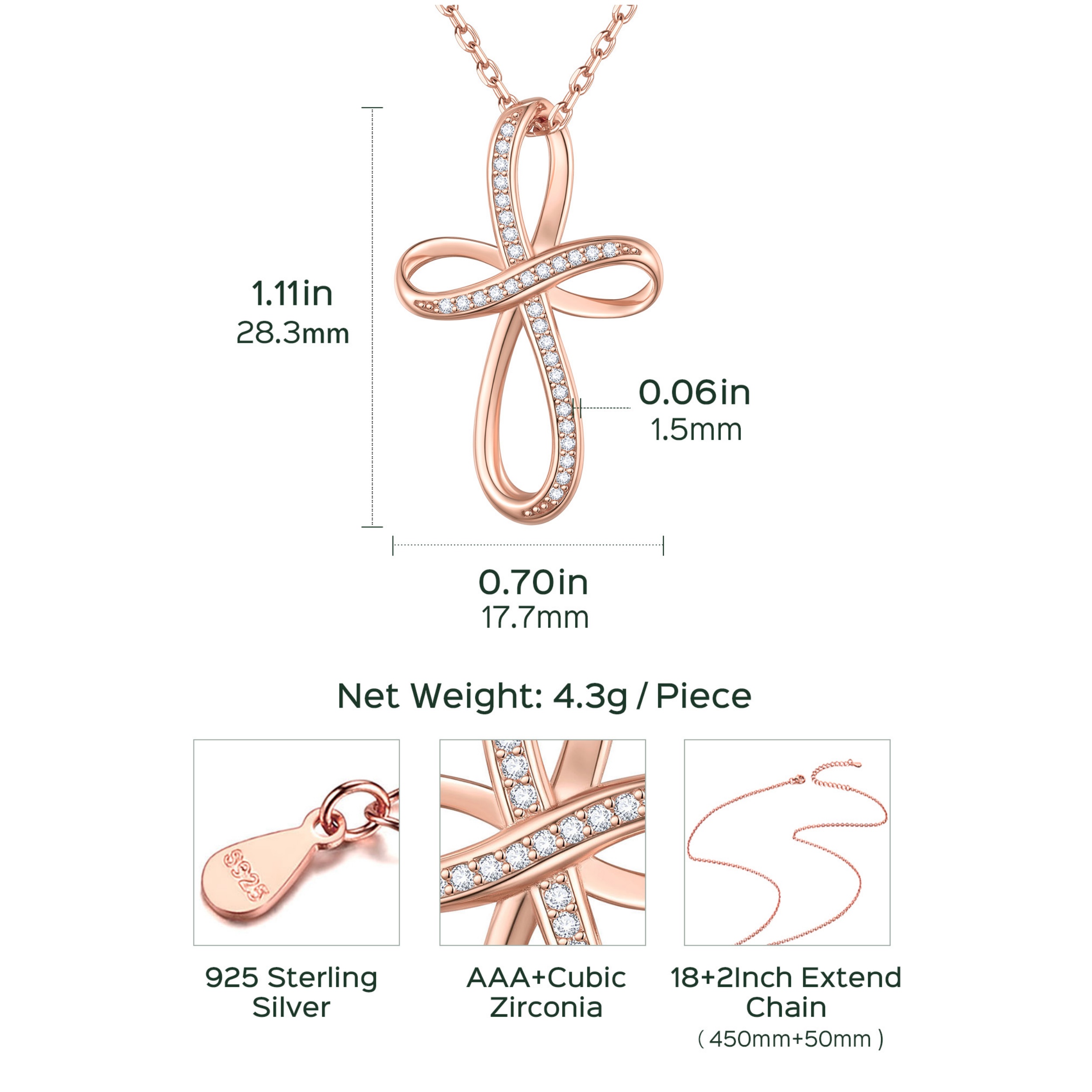 ChicSilver Sterling Silver Rose Gold Cubic Zirconia Infinity Cross Adjustable Chain Necklace Details: Dimensions, Hypoallergenic, Lobster-Claw-Clasps