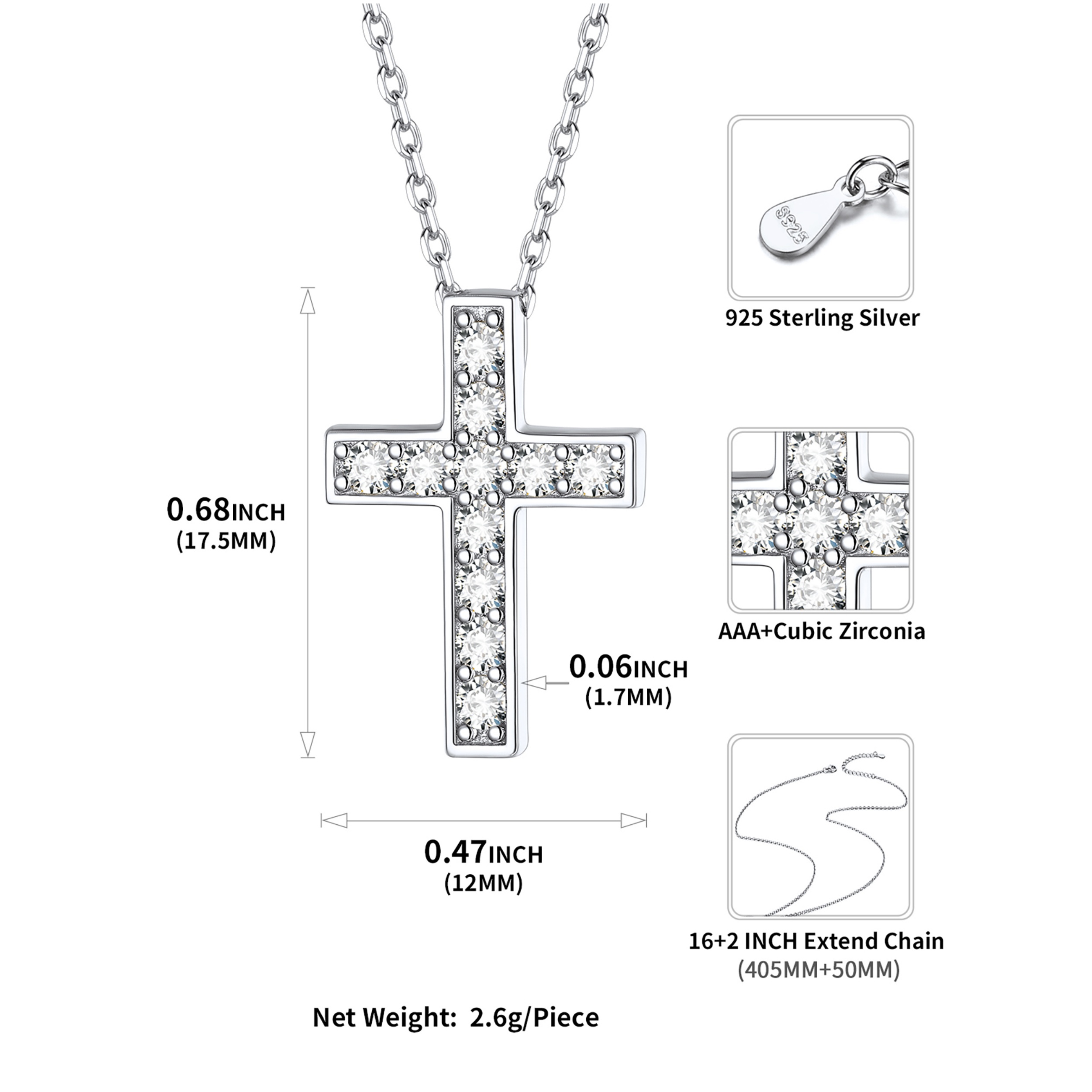 Cubic Zirconia Cross Necklace Details: Dimensions, Hypoallergenic, Lobster-Claw-Clasps
