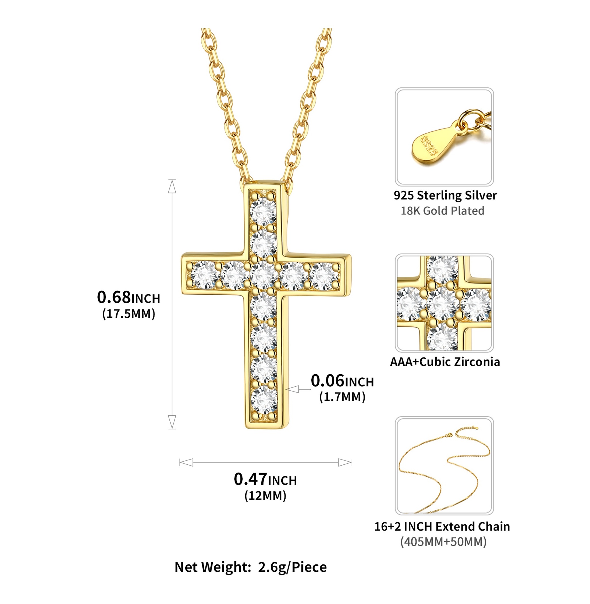 Gold Cubic Zirconia Cross Necklace Details: Dimensions, Hypoallergenic, Lobster-Claw-Clasps