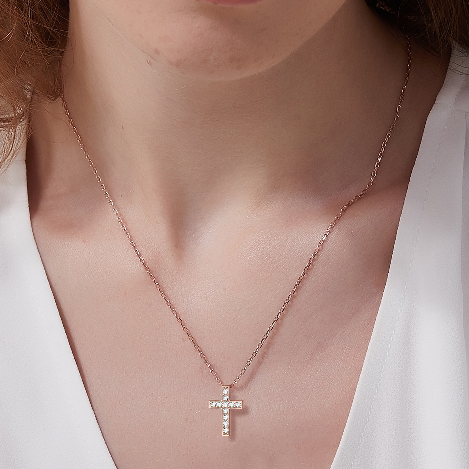 Rose Gold Cubic Zirconia Cross Necklace for Women, Ladies, Couples, girlfriend, wife