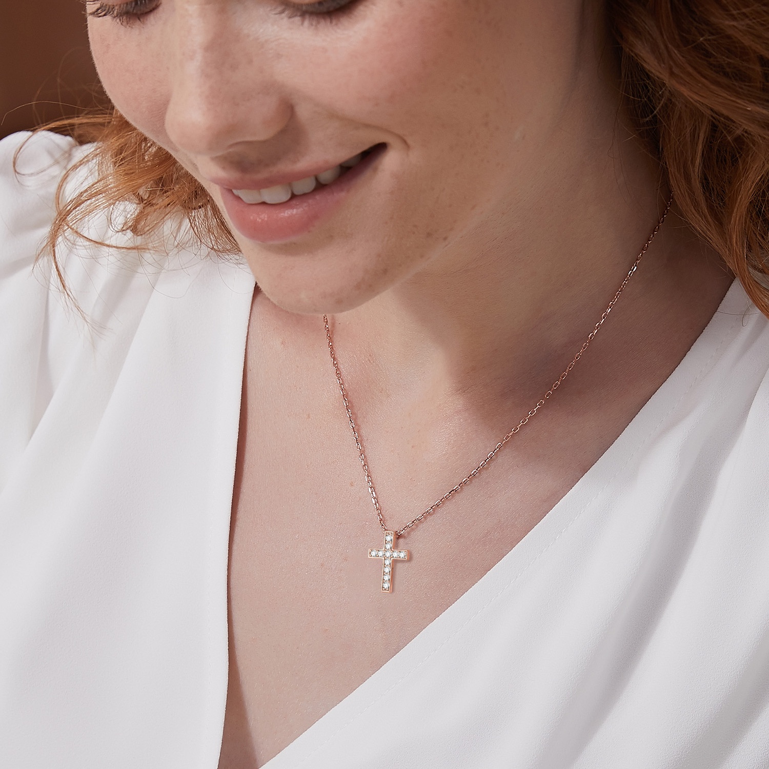 Rose Gold Cubic Zirconia Cross Necklace for Women, Ladies, Couples, girlfriend, wife