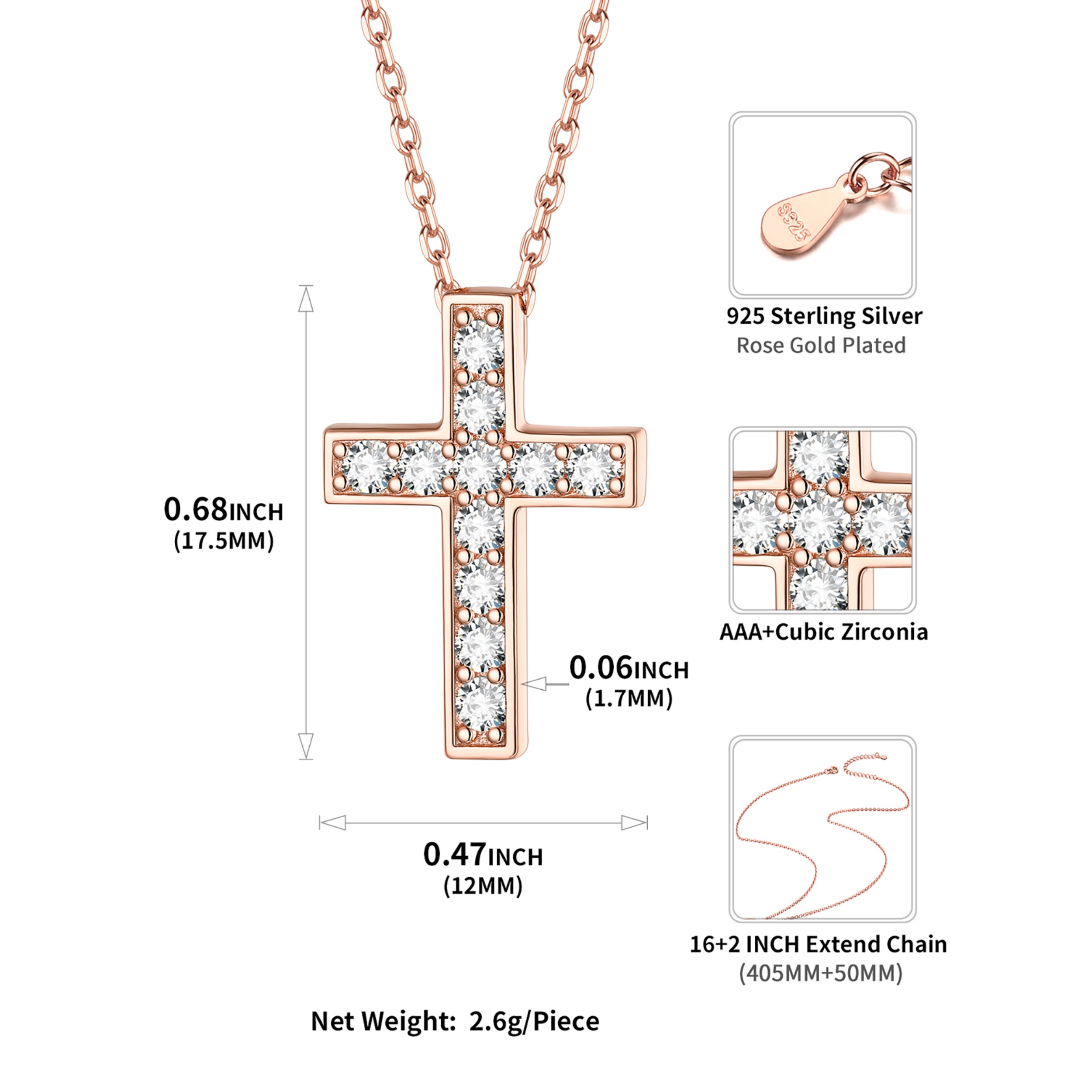 Cubic Zirconia Cross Necklace Details: Dimensions, Hypoallergenic, Lobster-Claw-Clasps