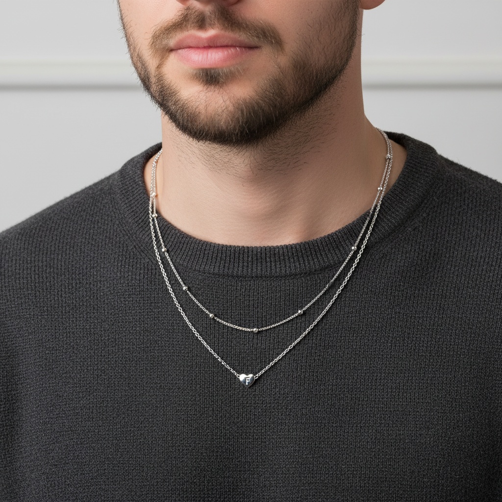 Double-layered initial heart necklace for Men