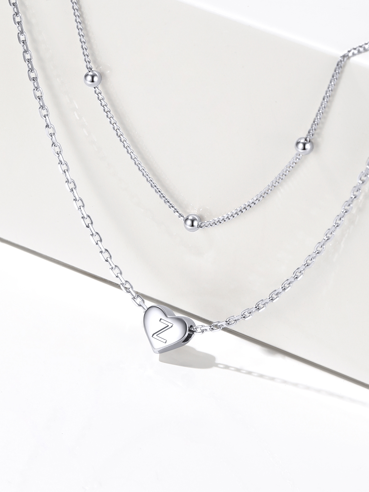 2025 hot Double-layered initial heart necklace for women, silver jewelry