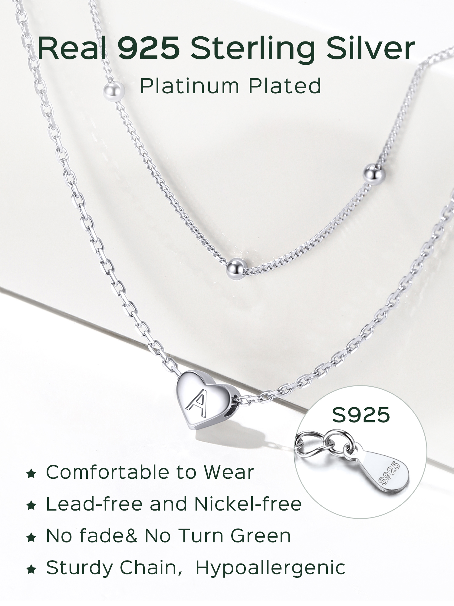 2025 hot Double-layered initial heart necklace for women, silver jewelry