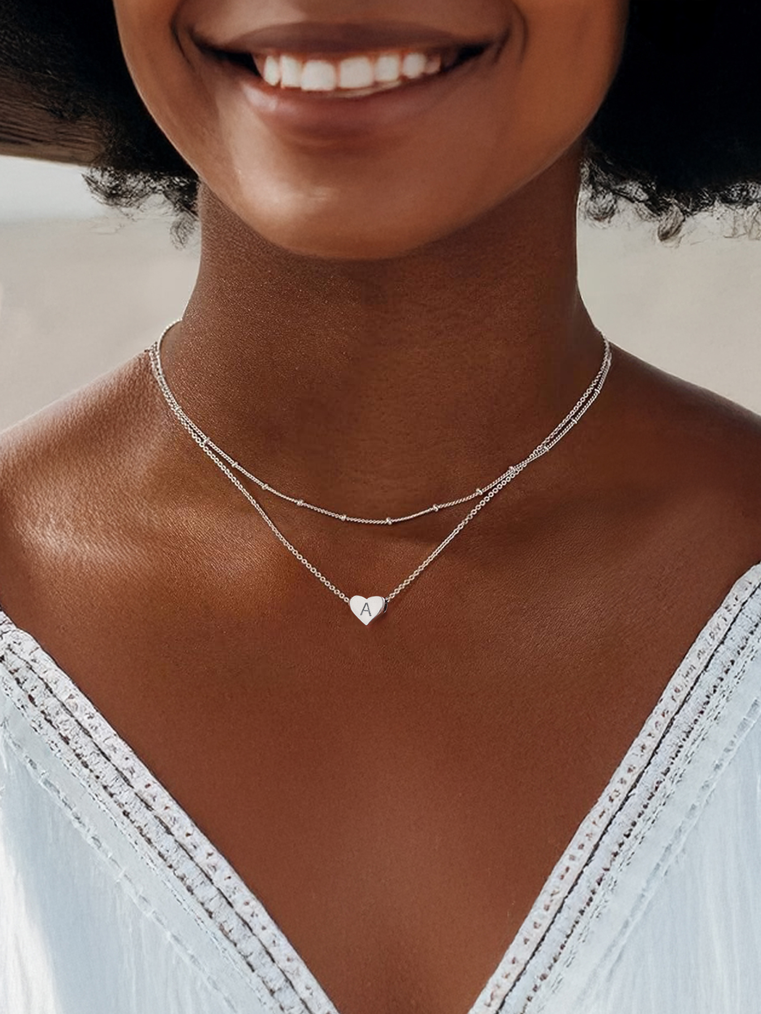 2025 hot Double-layered initial heart necklace for women, silver jewelry