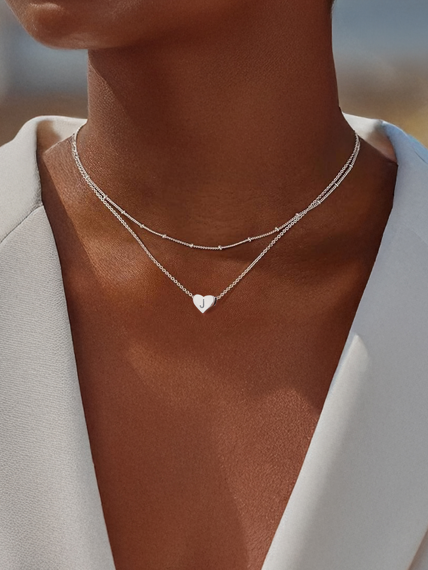 2025 hot Double-layered initial heart necklace for women, silver jewelry