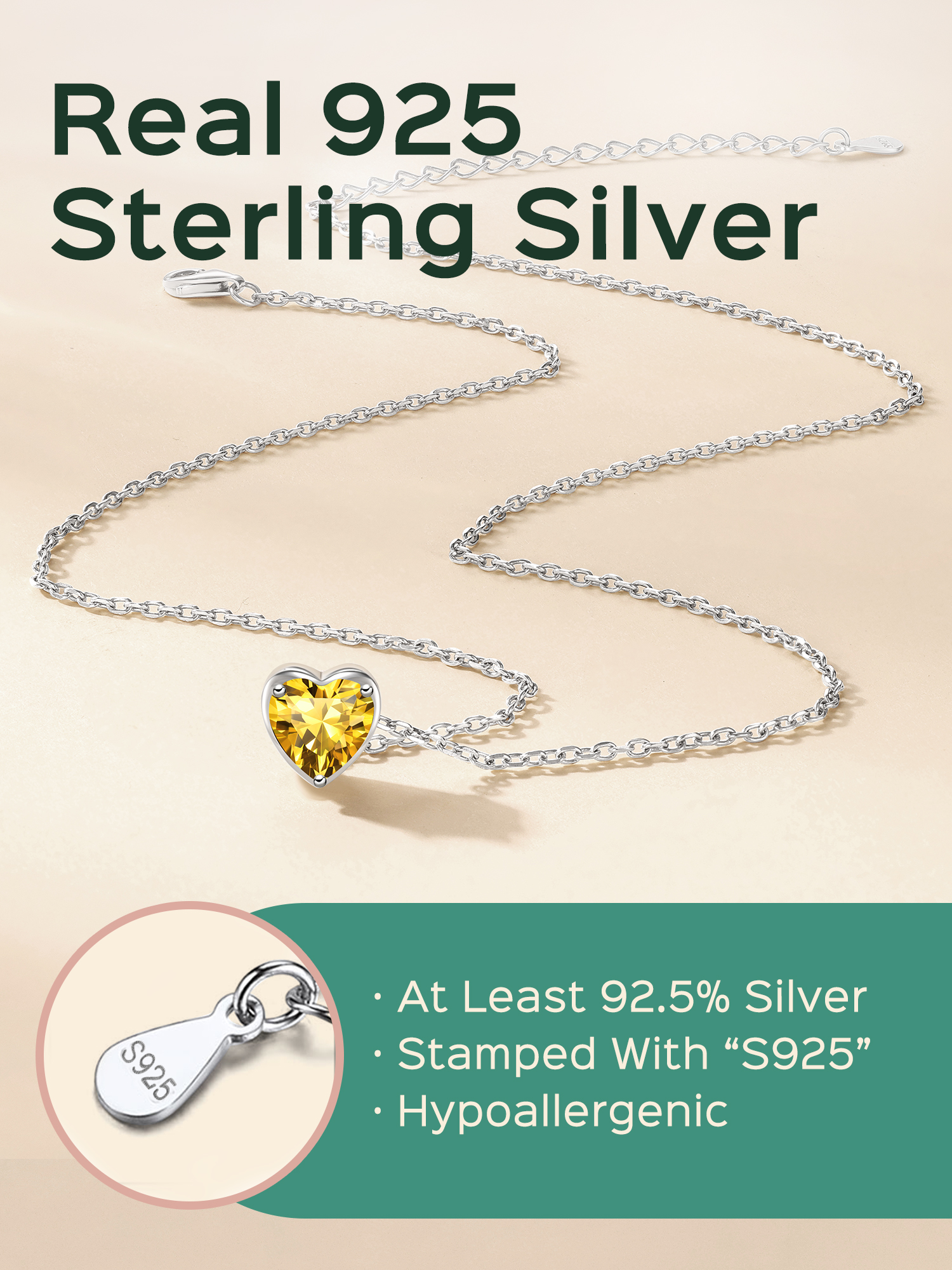 Heart Cut Created Birthstone Pendant Necklace for women, November birthstone, Citrine Jewelry, Scorpio Birthstone, Sagittarius Birthstone, sterling silver jewelry, memorial gift, gift idea