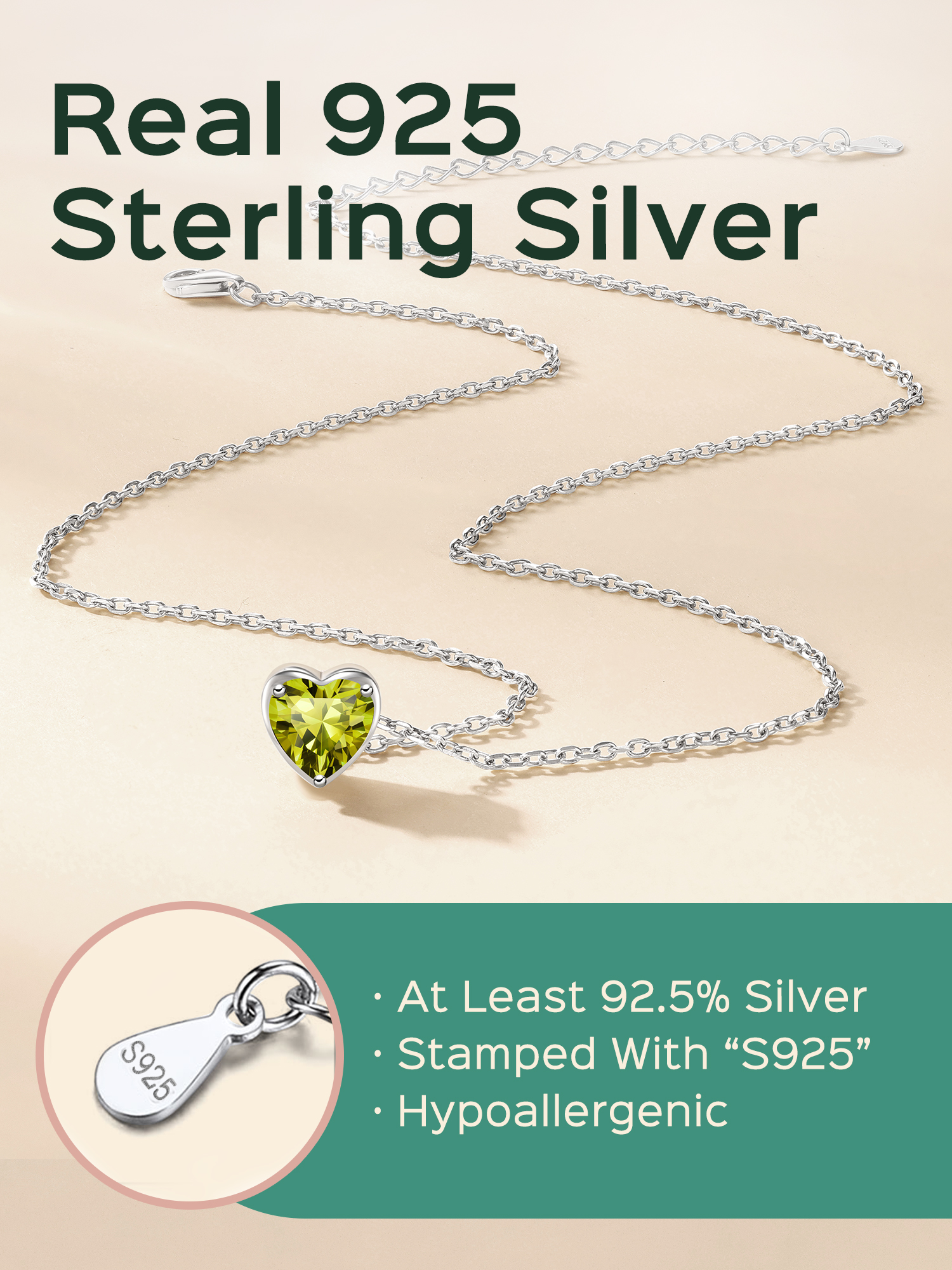 Heart Cut Created Birthstone Pendant Necklace for women, august birthstone, Peridot Necklace, Leo Birthstone, Virgo Birthstone, sterling silver jewelry, gift idea