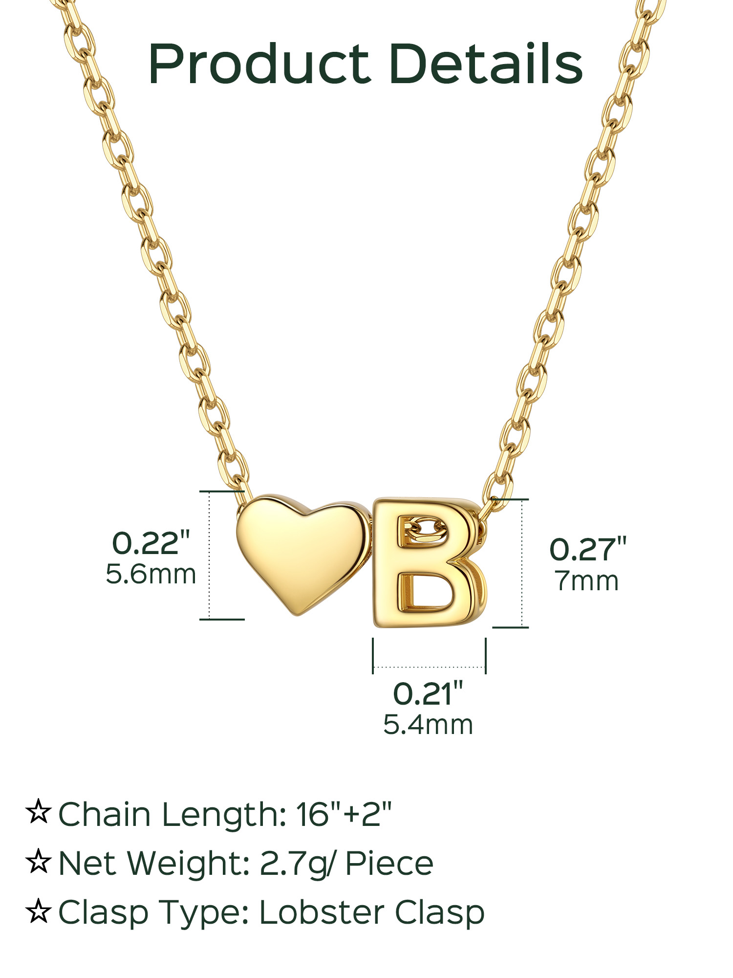 B-Gold Heart & Initial Pendant Necklace, sterling silver jewlery, heart necklace, initial necklace, gift idea,  A to Z  jewelry