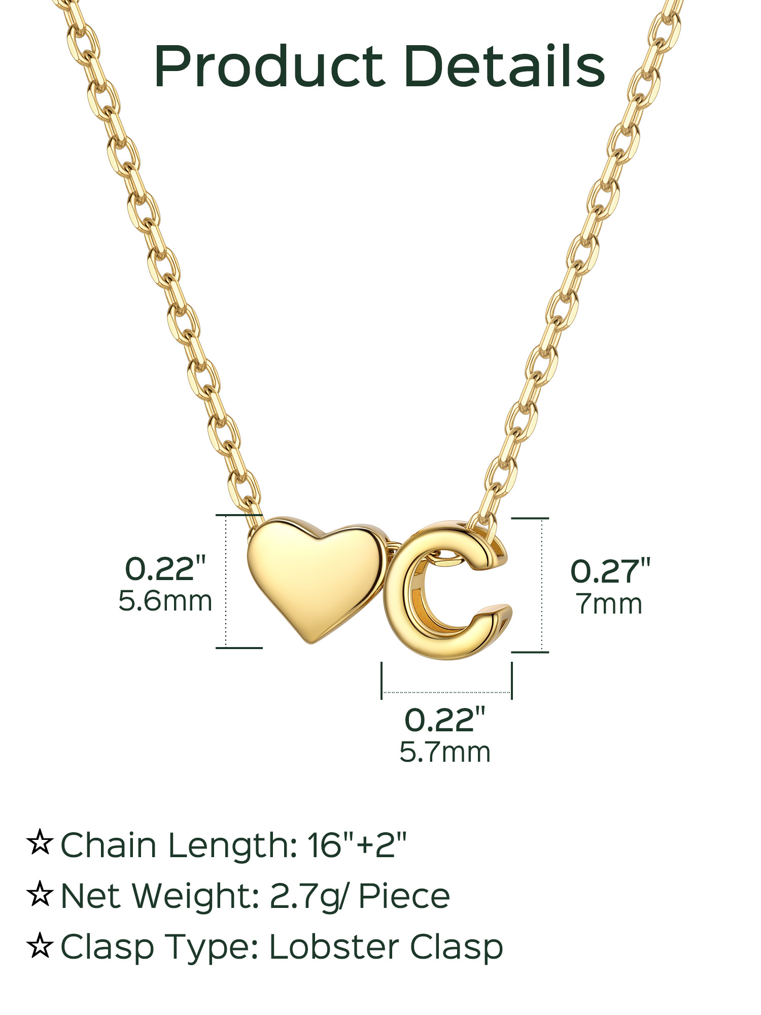 C-Gold Heart & Initial Pendant Necklace, sterling silver jewlery, heart necklace, initial necklace, gift idea,  A to Z  jewelry