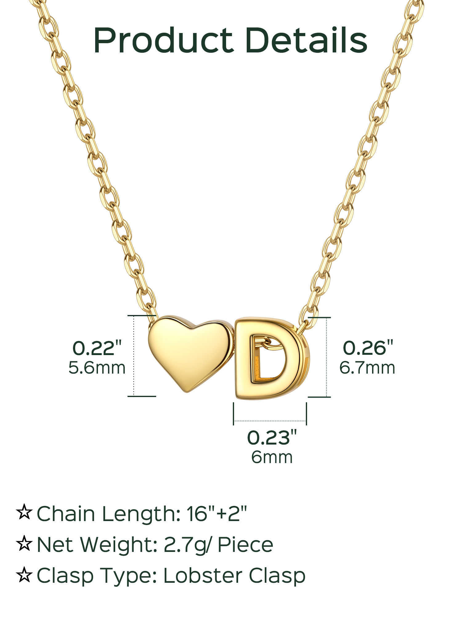D-Gold Heart & Initial Pendant Necklace, sterling silver jewlery, heart necklace, initial necklace, gift idea,  A to Z  jewelry
