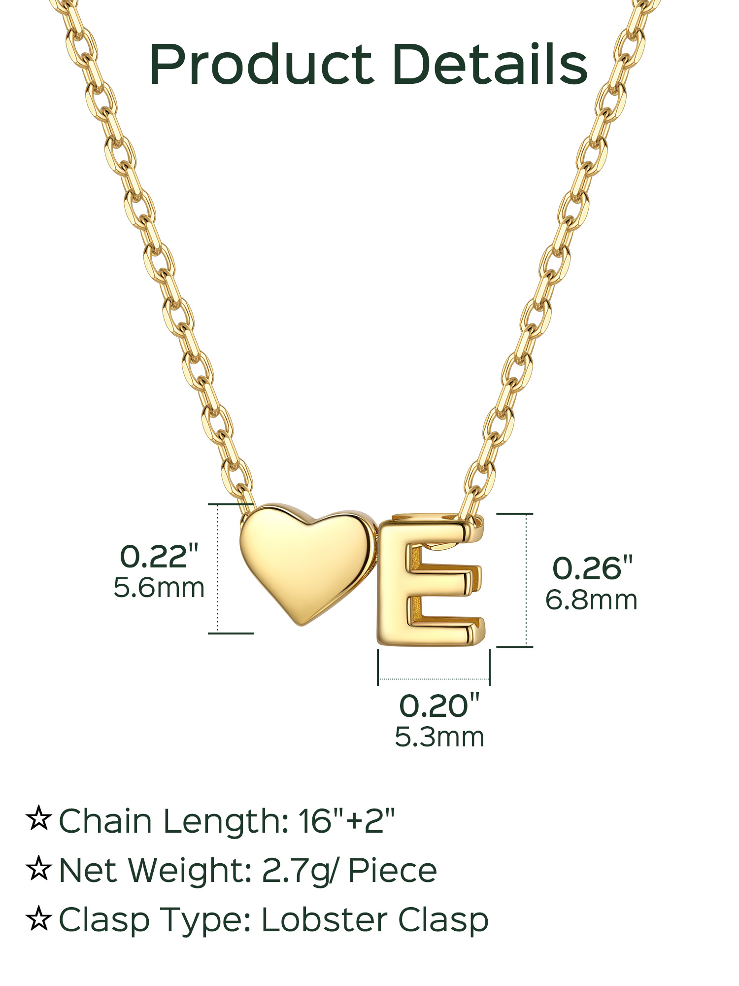 E-Gold Heart & Initial Pendant Necklace, sterling silver jewlery, heart necklace, initial necklace, gift idea,  A to Z  jewelry