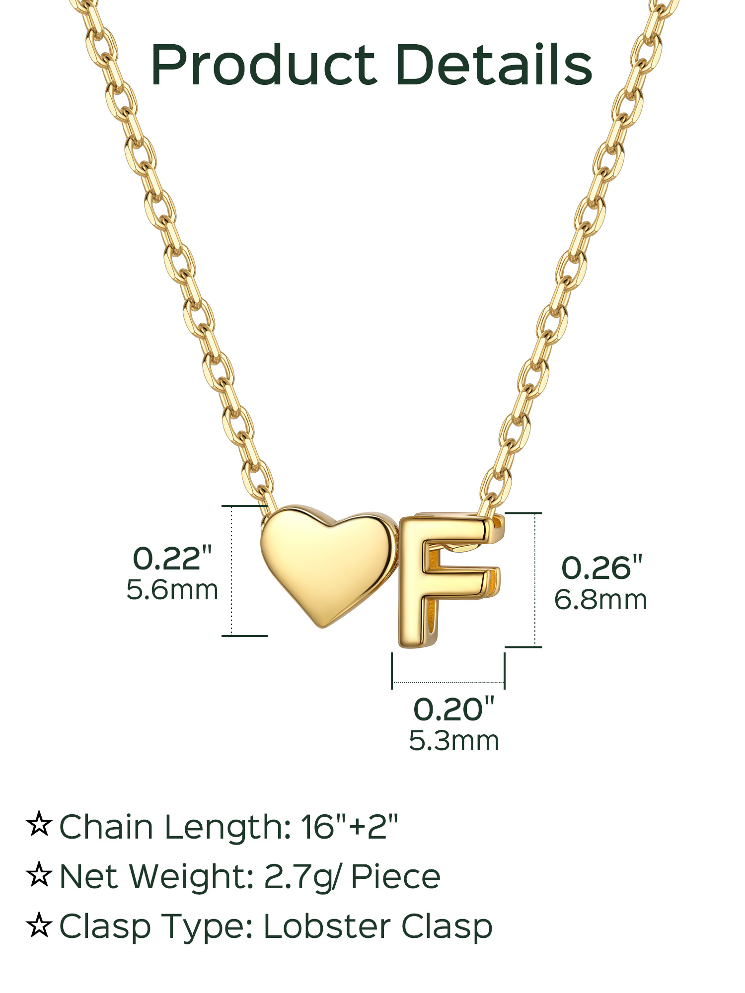 F-Gold Heart & Initial Pendant Necklace, sterling silver jewlery, heart necklace, initial necklace, gift idea,  A to Z  jewelry