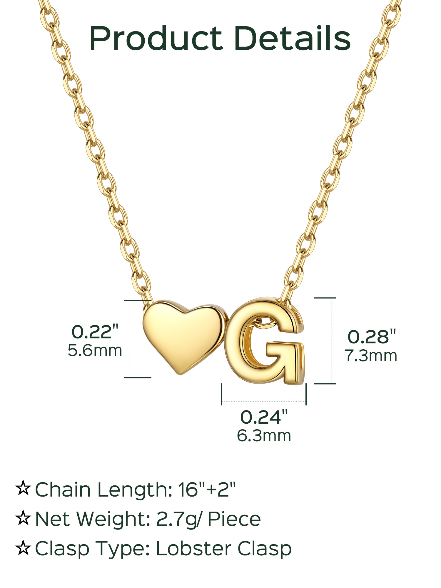 G-Gold Heart & Initial Pendant Necklace, sterling silver jewlery, heart necklace, initial necklace, gift idea,  A to Z  jewelry