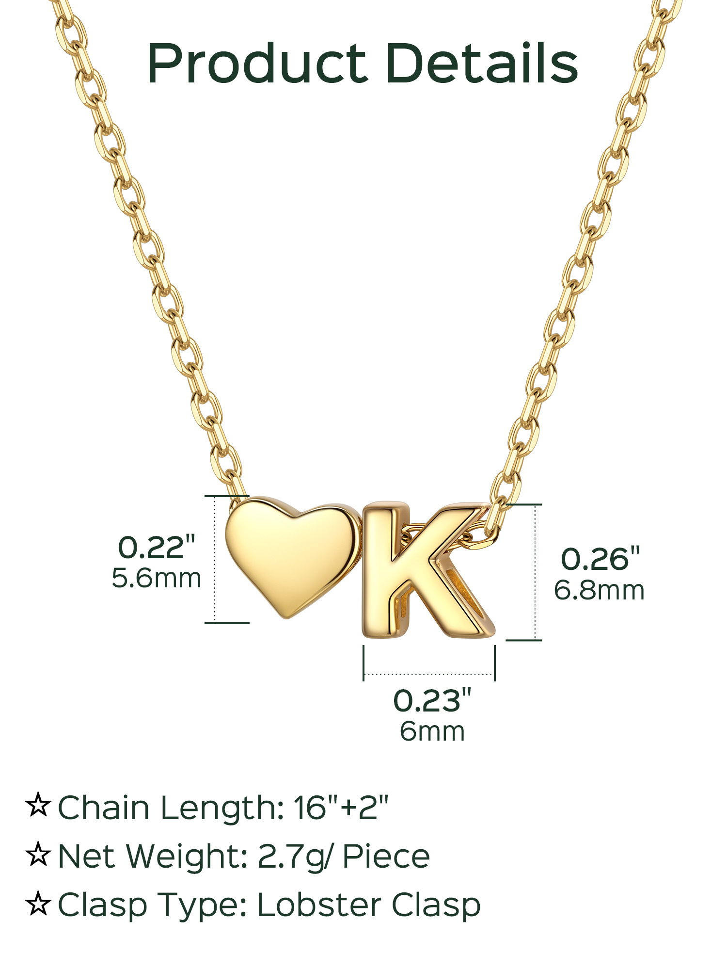 K-Gold Heart & Initial Pendant Necklace, sterling silver jewlery, heart necklace, initial necklace, gift idea,  A to Z  jewelry