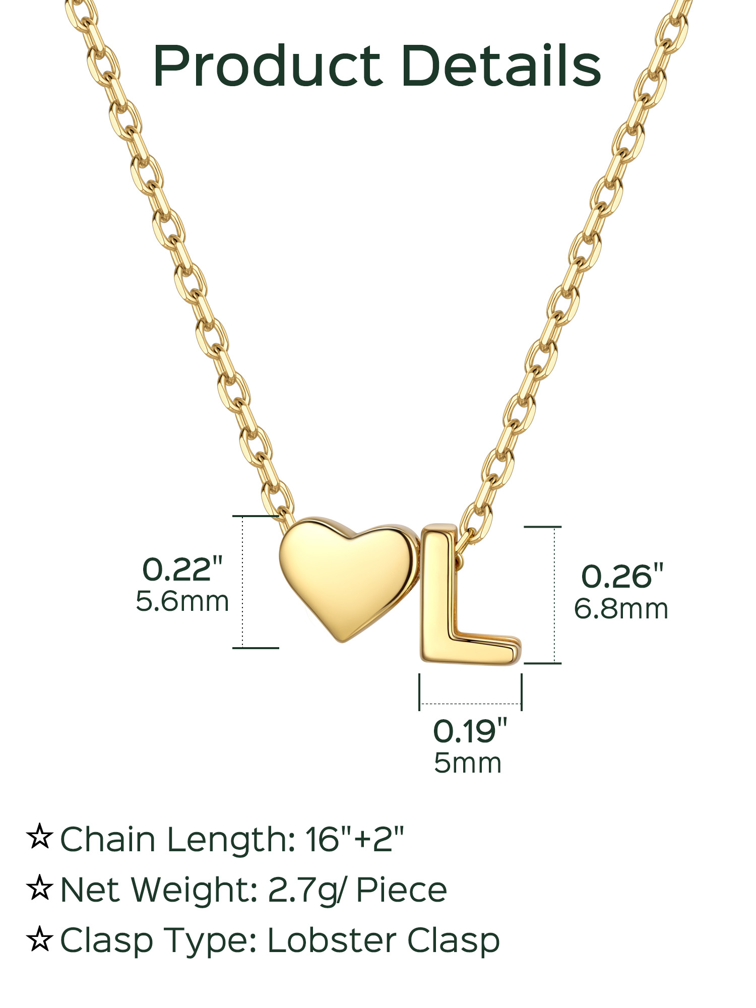 L-Gold Heart & Initial Pendant Necklace, sterling silver jewlery, heart necklace, initial necklace, gift idea,  A to Z  jewelry