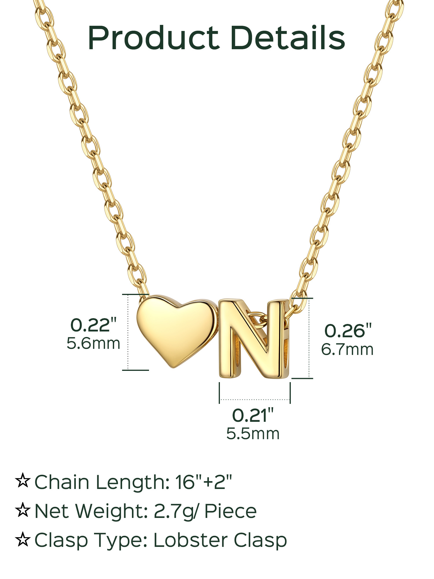 N-Gold Heart & Initial Pendant Necklace, sterling silver jewlery, heart necklace, initial necklace, gift idea,  A to Z  jewelry