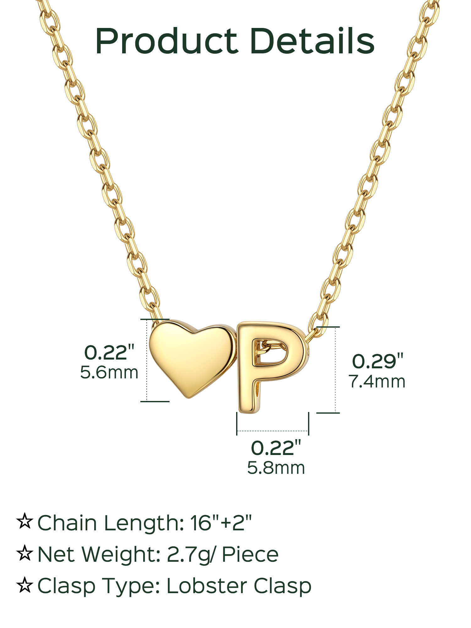 P-Gold Heart & Initial Pendant Necklace, sterling silver jewlery, heart necklace, initial necklace, gift idea,  A to Z  jewelry