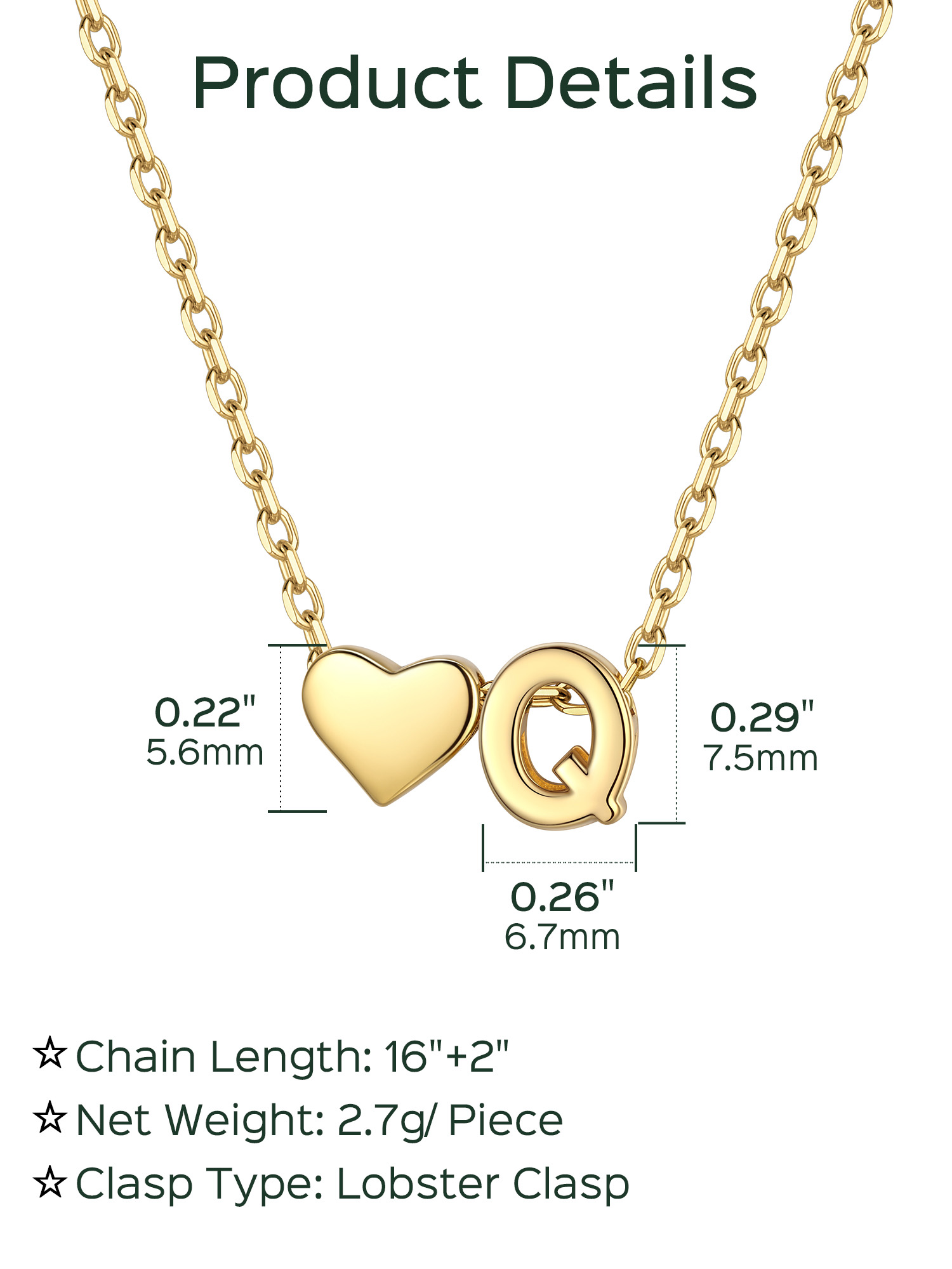 Q-Gold Heart & Initial Pendant Necklace, sterling silver jewlery, heart necklace, initial necklace, gift idea,  A to Z  jewelry