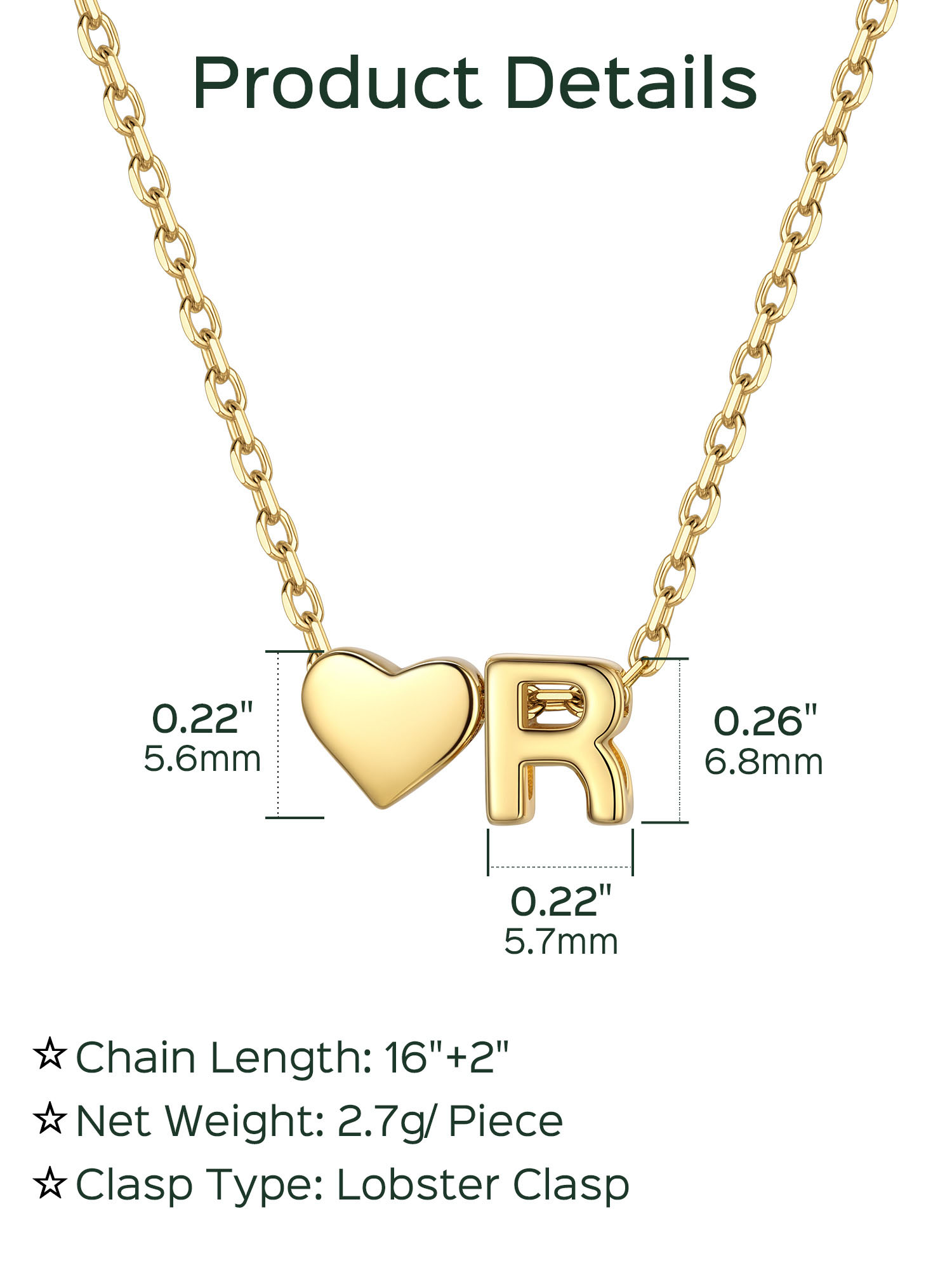 R-Gold Heart & Initial Pendant Necklace, sterling silver jewlery, heart necklace, initial necklace, gift idea,  A to Z  jewelry