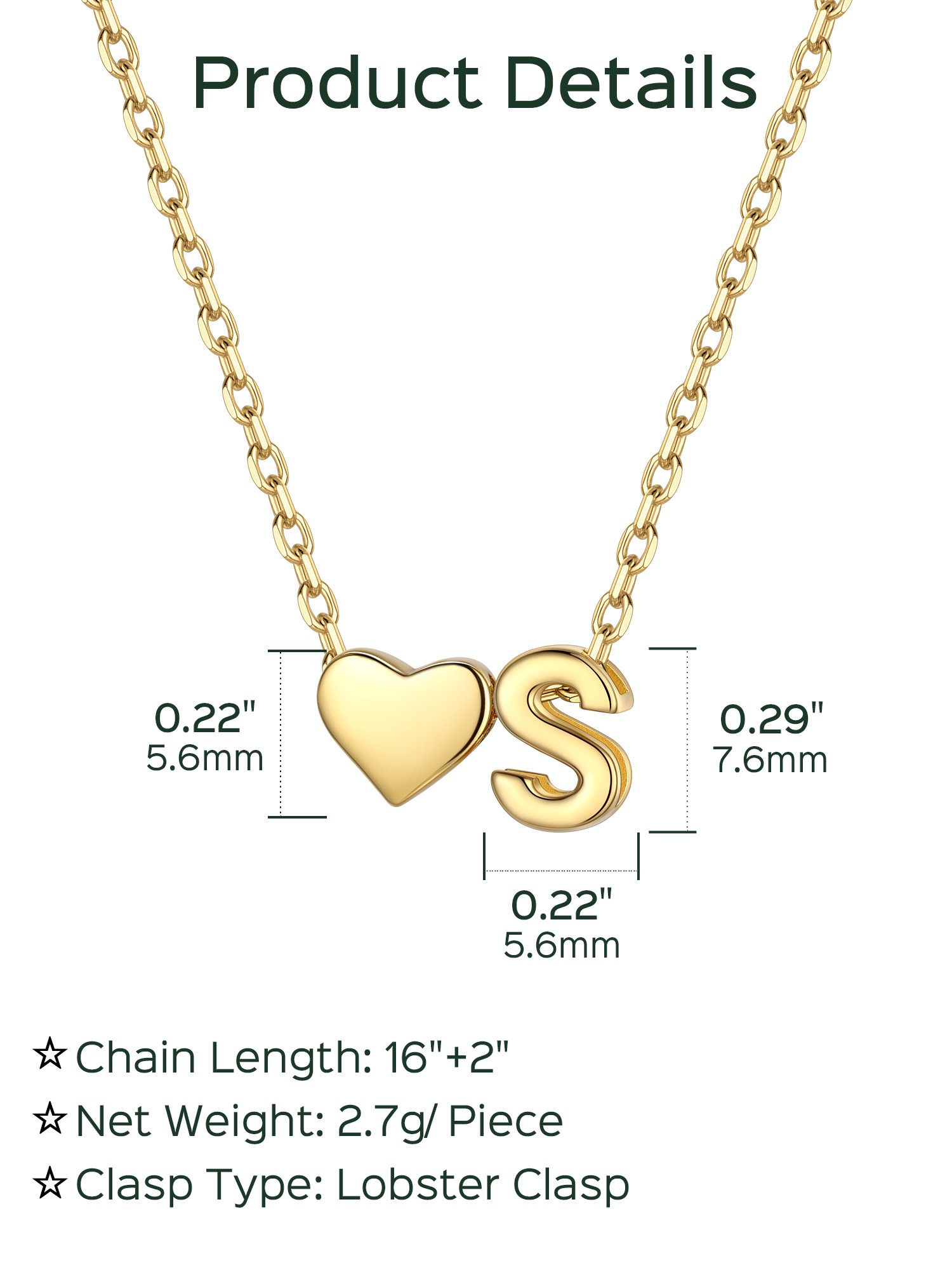 S-Gold Heart & Initial Pendant Necklace, sterling silver jewlery, heart necklace, initial necklace, gift idea,  A to Z  jewelry