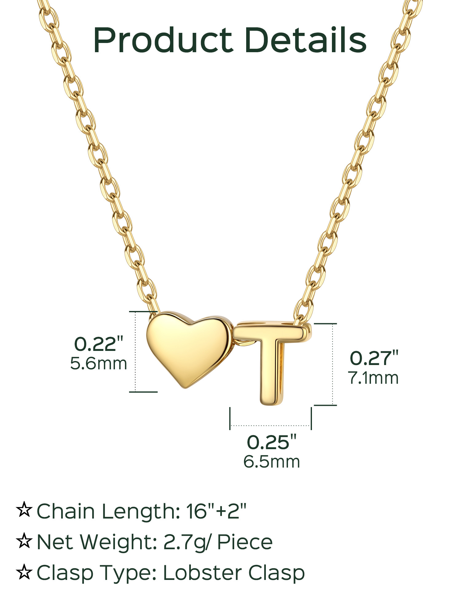 T-Gold Heart & Initial Pendant Necklace, sterling silver jewlery, heart necklace, initial necklace, gift idea,  A to Z  jewelry