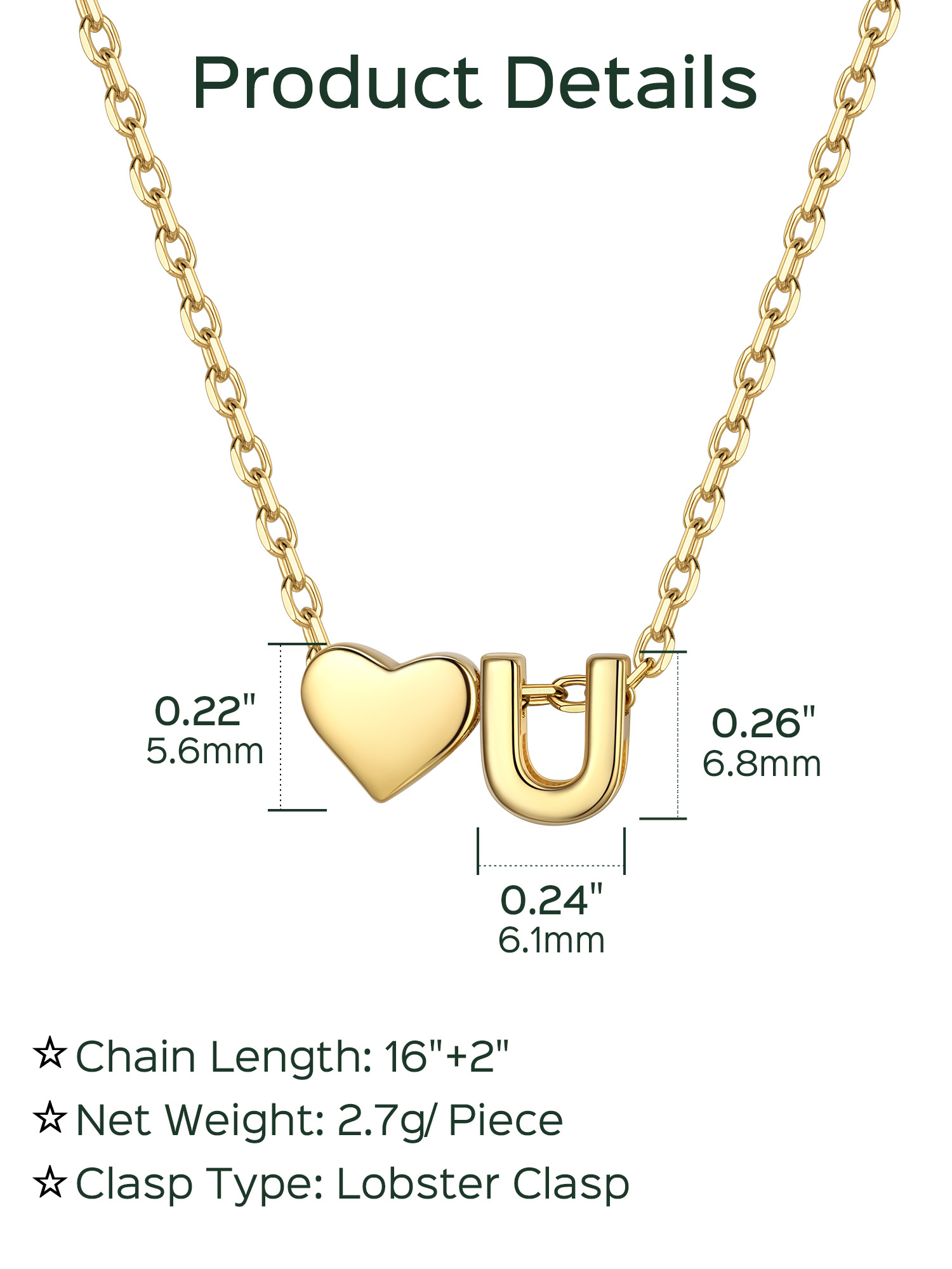 U-Gold Heart & Initial Pendant Necklace, sterling silver jewlery, heart necklace, initial necklace, gift idea,  A to Z  jewelry