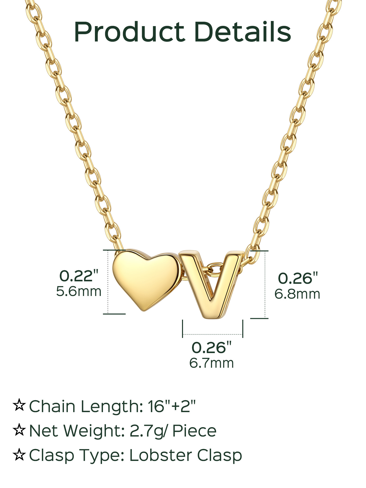 V-Gold Heart & Initial Pendant Necklace, sterling silver jewlery, heart necklace, initial necklace, gift idea,  A to Z  jewelry