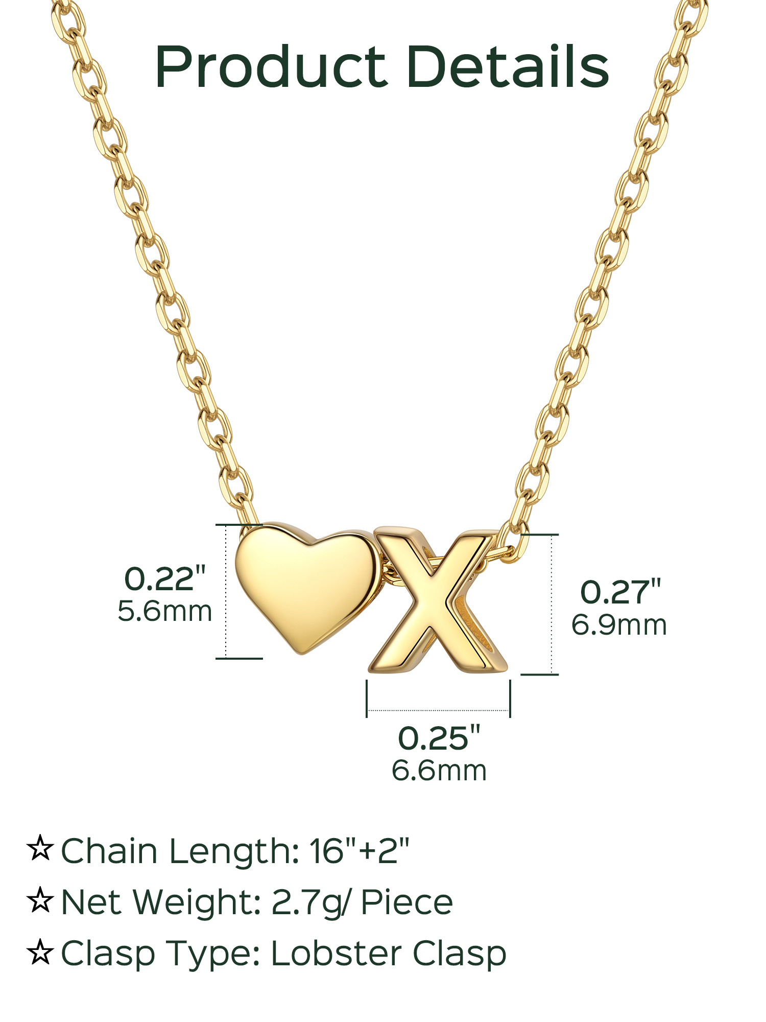 X-Gold Heart & Initial Pendant Necklace, sterling silver jewlery, heart necklace, initial necklace, gift idea,  A to Z  jewelry
