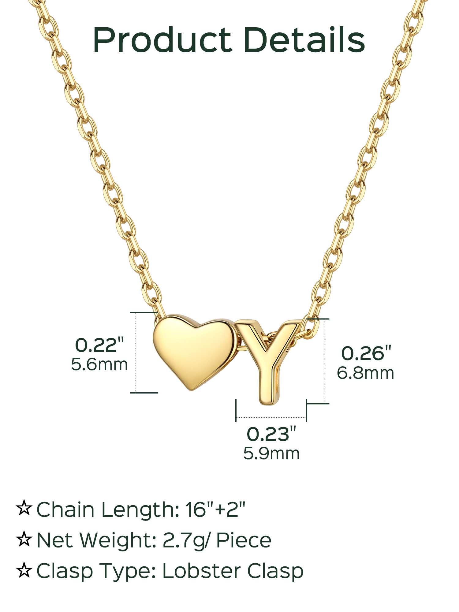 Y-Gold Heart & Initial Pendant Necklace, sterling silver jewlery, heart necklace, initial necklace, gift idea,  A to Z  jewelry