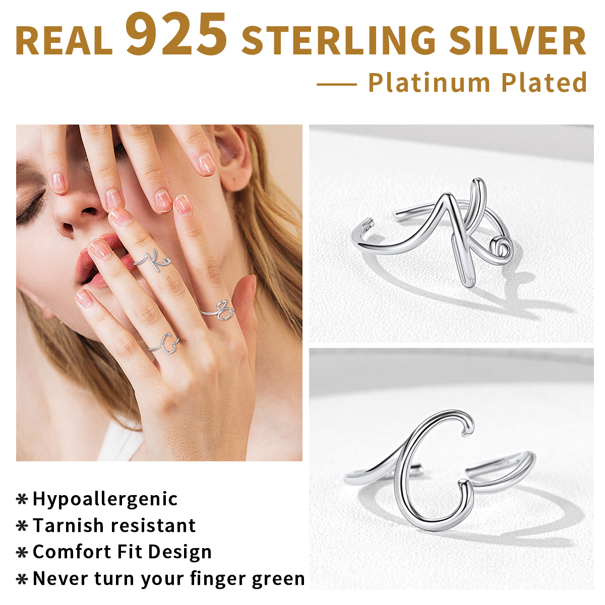 Sterling Silver ChicSilver Simple Initial Letter Monogram A-Z Adjustable Ring