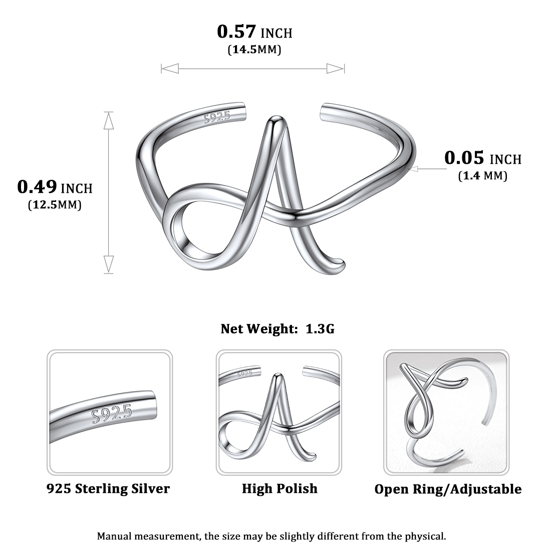 Simple Initial Letter Monogram A-Z Adjustable Ring Details: Dimensions, Hypoallergenic, Adjustable size for 6~11