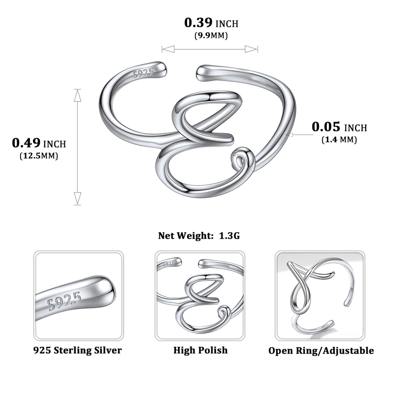 Simple Initial Letter Monogram A-Z Adjustable Ring Details: Dimensions, Hypoallergenic, Adjustable size for 6~11