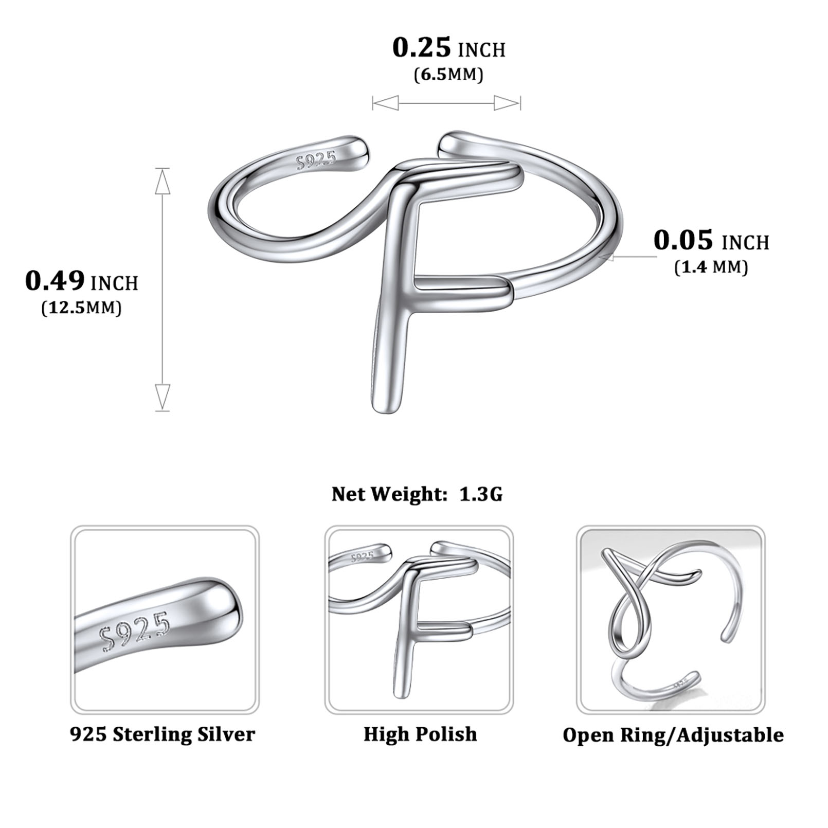 Simple Initial Letter Monogram A-Z Adjustable Ring Details: Dimensions, Hypoallergenic, Adjustable size for 6~11