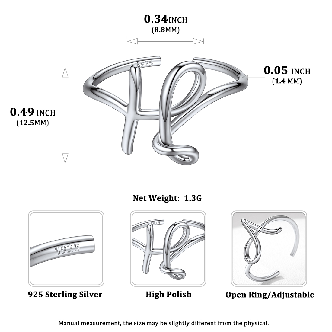 Simple Initial Letter Monogram A-Z Adjustable Ring Details: Dimensions, Hypoallergenic, Adjustable size for 6~11